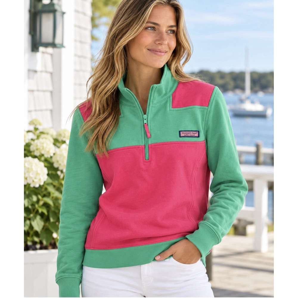 Vineyard Vines Shep Shirt Women S Pink Green Colorblock 1/4 Zip Pullover